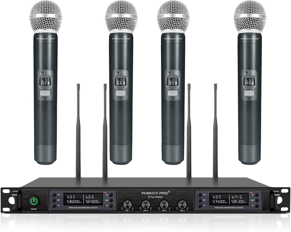 Wireless Microphone System, Phenyx Pro Quad Channel Cordless Mic Set with Metal Handheld Mics, 4×40 Channels, Auto Scan, Long Distance 328ft, Ideal for DJ, Church, Outdoor Events (PTU-7000A)