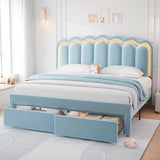 Twin Upholstered LED Bed Frame with Storage Drawer and Adjustable Chic Double Wavy Headboard, Velvet Princess Platform Bed for Kids/Girls, Solid Wood Slats Support, No Box Spring Needed, Beige