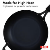 OXO Obsidian Pre-Seasoned Carbon Steel, 12 Wok Pan with Removable Silicone Handle Holder, Induction, Oven Safe, Black