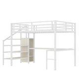 SOFTSEA Queen Size Metal Loft Bed with L-Shaped Desk and Wardrobe, Metal Bed Frame with USB and Adjustable Shelf, High Loft Bed with LED for Bedroom, No Box Spring Needed, White Wood Grain