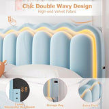 Twin Upholstered LED Bed Frame with Storage Drawer and Adjustable Chic Double Wavy Headboard, Velvet Princess Platform Bed for Kids/Girls, Solid Wood Slats Support, No Box Spring Needed, Beige