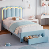 Twin Upholstered LED Bed Frame with Storage Drawer and Adjustable Chic Double Wavy Headboard, Velvet Princess Platform Bed for Kids/Girls, Solid Wood Slats Support, No Box Spring Needed, Beige