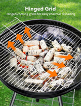 Charcoal BBQ Grill 22-Inch, Kettle Charcoal Grill with Lid Thermometer, Integrated Wheels, Plated Steel Grates, Slid Out Ash Catcher, Integrated Wheels, for Outdoor Cooking, Picnic, Patio, Backyard