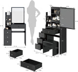 CIATRE Small Space Left Bedside Cabinet Vanity Table + Cushioned Stool, Extra Large Right sliding mirror, Multi Layer High Capacity Storage, Practical Fashionable Dresser, Black
