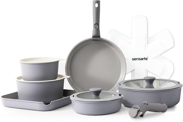 SENSARTE 17 Piece Ceramic Pots and Pans Set, Nonstick Detachable Handle Cookware, Induction Kitchen Cookware Set with Removable Handle, Dishwasher ?? Oven Safe (Gray)