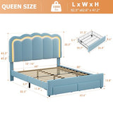 Twin Upholstered LED Bed Frame with Storage Drawer and Adjustable Chic Double Wavy Headboard, Velvet Princess Platform Bed for Kids/Girls, Solid Wood Slats Support, No Box Spring Needed, Beige