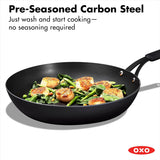 OXO Obsidian Pre-Seasoned Carbon Steel, 12 Wok Pan with Removable Silicone Handle Holder, Induction, Oven Safe, Black