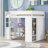 Full Size Loft Bed, Multi-Functional Solid Wood Loft Bed with Wardrobes and 2-Drawer Desk and Storage Cabinet, Modern Full Bed Frame with Built-in Ladder and Safety Guardrails,White