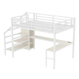 SOFTSEA Queen Size Metal Loft Bed with L-Shaped Desk and Wardrobe, Metal Bed Frame with USB and Adjustable Shelf, High Loft Bed with LED for Bedroom, No Box Spring Needed, White Wood Grain