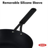 OXO Obsidian Pre-Seasoned Carbon Steel, 12 Wok Pan with Removable Silicone Handle Holder, Induction, Oven Safe, Black