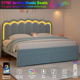 Twin Upholstered LED Bed Frame with Storage Drawer and Adjustable Chic Double Wavy Headboard, Velvet Princess Platform Bed for Kids/Girls, Solid Wood Slats Support, No Box Spring Needed, Beige