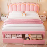 Twin Upholstered LED Bed Frame with Storage Drawer and Adjustable Chic Double Wavy Headboard, Velvet Princess Platform Bed for Kids/Girls, Solid Wood Slats Support, No Box Spring Needed, Beige