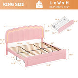 Twin Upholstered LED Bed Frame with Storage Drawer and Adjustable Chic Double Wavy Headboard, Velvet Princess Platform Bed for Kids/Girls, Solid Wood Slats Support, No Box Spring Needed, Beige