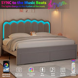Twin Upholstered LED Bed Frame with Storage Drawer and Adjustable Chic Double Wavy Headboard, Velvet Princess Platform Bed for Kids/Girls, Solid Wood Slats Support, No Box Spring Needed, Beige