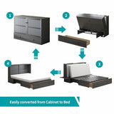 BALUS Murphy Bed Cabinet,Queen Murphy Bed with Tri-fold Mattress & USB Charging Station,Modern Wall Chest Beds with Folding Night Stand Trays and Storage Drawers for Bedroom Living Room,Grey-Blue