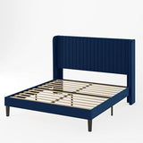 Allewie Queen Size Velvet Bed Frame/Vertical Channel Tufted Wingback Headboard/Upholstered Platform Bed/Strong Wooden Slats/No Box Spring Needed/Easy Assembly/Black