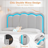 Twin Upholstered LED Bed Frame with Storage Drawer and Adjustable Chic Double Wavy Headboard, Velvet Princess Platform Bed for Kids/Girls, Solid Wood Slats Support, No Box Spring Needed, Beige
