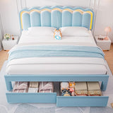 Twin Upholstered LED Bed Frame with Storage Drawer and Adjustable Chic Double Wavy Headboard, Velvet Princess Platform Bed for Kids/Girls, Solid Wood Slats Support, No Box Spring Needed, Beige