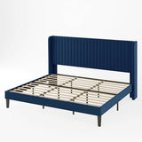 Allewie Queen Size Velvet Bed Frame/Vertical Channel Tufted Wingback Headboard/Upholstered Platform Bed/Strong Wooden Slats/No Box Spring Needed/Easy Assembly/Black