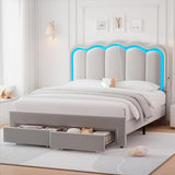 Twin Upholstered LED Bed Frame with Storage Drawer and Adjustable Chic Double Wavy Headboard, Velvet Princess Platform Bed for Kids/Girls, Solid Wood Slats Support, No Box Spring Needed, Beige