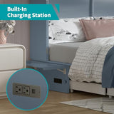 BALUS Murphy Bed Cabinet,Queen Murphy Bed with Tri-fold Mattress & USB Charging Station,Modern Wall Chest Beds with Folding Night Stand Trays and Storage Drawers for Bedroom Living Room,Grey-Blue