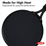 OXO Obsidian Pre-Seasoned Carbon Steel, 12 Wok Pan with Removable Silicone Handle Holder, Induction, Oven Safe, Black