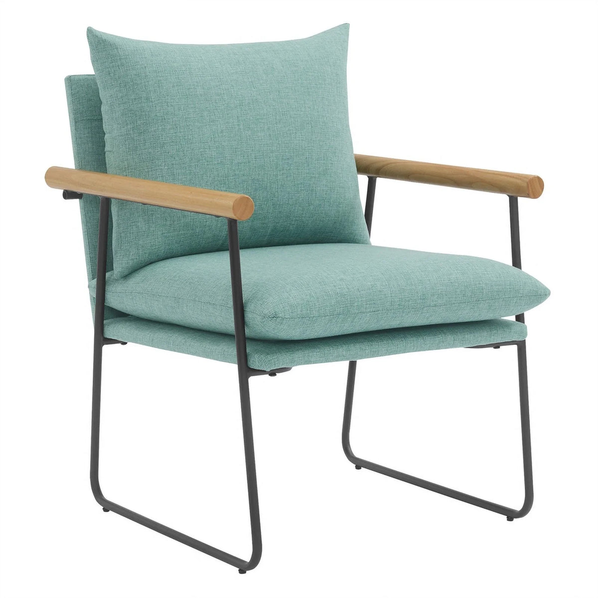 Dutton Armchair in Sage Green Fabric with Natural Arms and Black Sled Base
