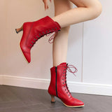 PMUYBHF Female Women Sandals and Slides Lace up British Boots Wine Glasses and Round Headed Solid Color Large Women’s Short Boots Red 38