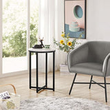 Yaheetech Faux Marble Side Table, 16in End Table Modern Accent Sofa Table w/X-Based, Round Tabletop, Sturdy Metal Legs for Living Room, Black