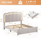 Twin Upholstered LED Bed Frame with Storage Drawer and Adjustable Chic Double Wavy Headboard, Velvet Princess Platform Bed for Kids/Girls, Solid Wood Slats Support, No Box Spring Needed, Beige
