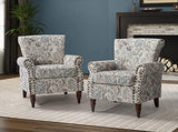 HULALA HOME Modern Wingback Accent Chair with Wood Legs & Removable Cushion, Comfy Upholstered Armchair with Nailhead Trim, Floral Pattern Single Sofa Chair for Living Room Bedroom, Blue