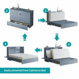 BALUS Murphy Bed Cabinet,Queen Murphy Bed with Tri-fold Mattress & USB Charging Station,Modern Wall Chest Beds with Folding Night Stand Trays and Storage Drawers for Bedroom Living Room,Grey-Blue