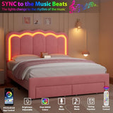 Twin Upholstered LED Bed Frame with Storage Drawer and Adjustable Chic Double Wavy Headboard, Velvet Princess Platform Bed for Kids/Girls, Solid Wood Slats Support, No Box Spring Needed, Beige