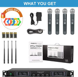Wireless Microphone System, Phenyx Pro Quad Channel Cordless Mic Set with Metal Handheld Mics, 4×40 Channels, Auto Scan, Long Distance 328ft, Ideal for DJ, Church, Outdoor Events (PTU-7000A)