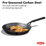 OXO Obsidian Pre-Seasoned Carbon Steel, 12 Wok Pan with Removable Silicone Handle Holder, Induction, Oven Safe, Black