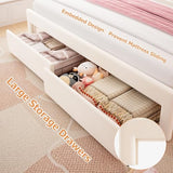 Twin Upholstered LED Bed Frame with Storage Drawer and Adjustable Chic Double Wavy Headboard, Velvet Princess Platform Bed for Kids/Girls, Solid Wood Slats Support, No Box Spring Needed, Beige