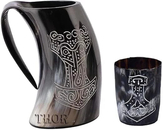Medieval Handmade Authentic Viking Thor Drinking Horn Mug- For Hand Engraved Shot Drink Cup – Food Safe Beer Horns Rustic Vintage Home Decor Gifts