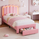 Twin Upholstered LED Bed Frame with Storage Drawer and Adjustable Chic Double Wavy Headboard, Velvet Princess Platform Bed for Kids/Girls, Solid Wood Slats Support, No Box Spring Needed, Beige