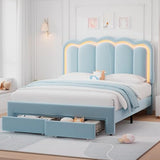 Twin Upholstered LED Bed Frame with Storage Drawer and Adjustable Chic Double Wavy Headboard, Velvet Princess Platform Bed for Kids/Girls, Solid Wood Slats Support, No Box Spring Needed, Beige