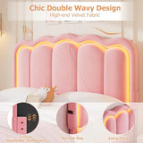 Twin Upholstered LED Bed Frame with Storage Drawer and Adjustable Chic Double Wavy Headboard, Velvet Princess Platform Bed for Kids/Girls, Solid Wood Slats Support, No Box Spring Needed, Beige