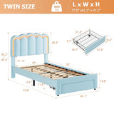 Twin Upholstered LED Bed Frame with Storage Drawer and Adjustable Chic Double Wavy Headboard, Velvet Princess Platform Bed for Kids/Girls, Solid Wood Slats Support, No Box Spring Needed, Beige