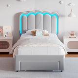 Twin Upholstered LED Bed Frame with Storage Drawer and Adjustable Chic Double Wavy Headboard, Velvet Princess Platform Bed for Kids/Girls, Solid Wood Slats Support, No Box Spring Needed, Beige