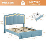 Twin Upholstered LED Bed Frame with Storage Drawer and Adjustable Chic Double Wavy Headboard, Velvet Princess Platform Bed for Kids/Girls, Solid Wood Slats Support, No Box Spring Needed, Beige